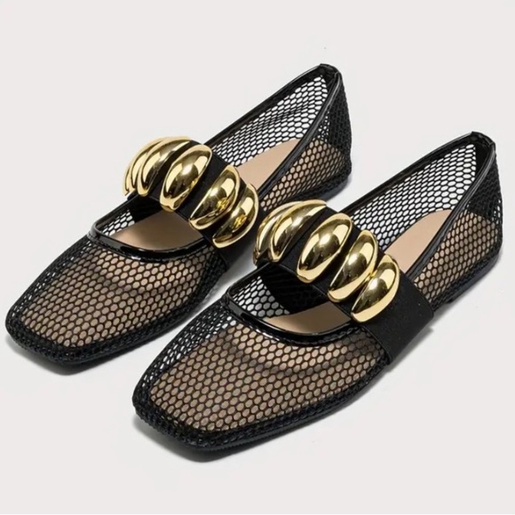 Shoes - New Fishnet Mesh Ballet Flats Gold Metallic Buckle NWT Black Slip On Square Toe
